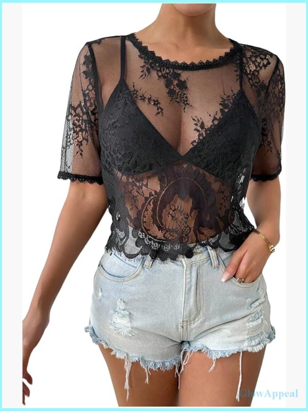 Sheer Mesh Crop Top Lace Short Sleeve Crew Neck See Through Tshirt